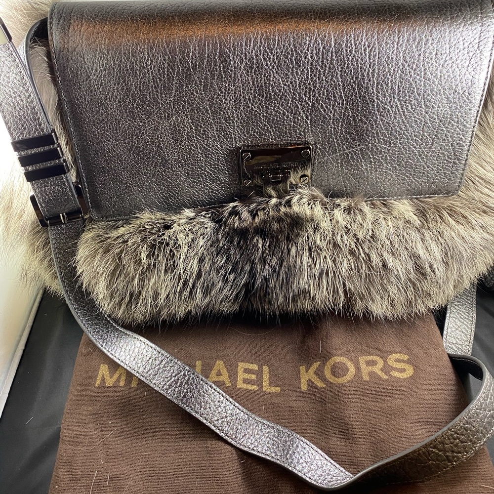 MK Gray Metallic Real Fox & Leather Flat Crossbody